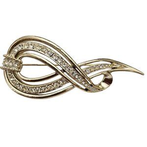 Marboux Ribbon Brooch, Clear Rhinestone Pin, Signed 1028